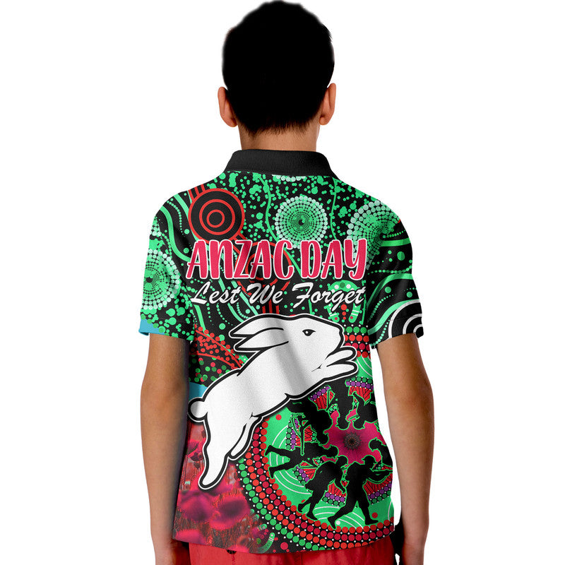 Rabbitohs Rugby ANZAC Kid Polo Shirt Aboriginal Military and Poppy Flowers - Vibe Hoodie Shop