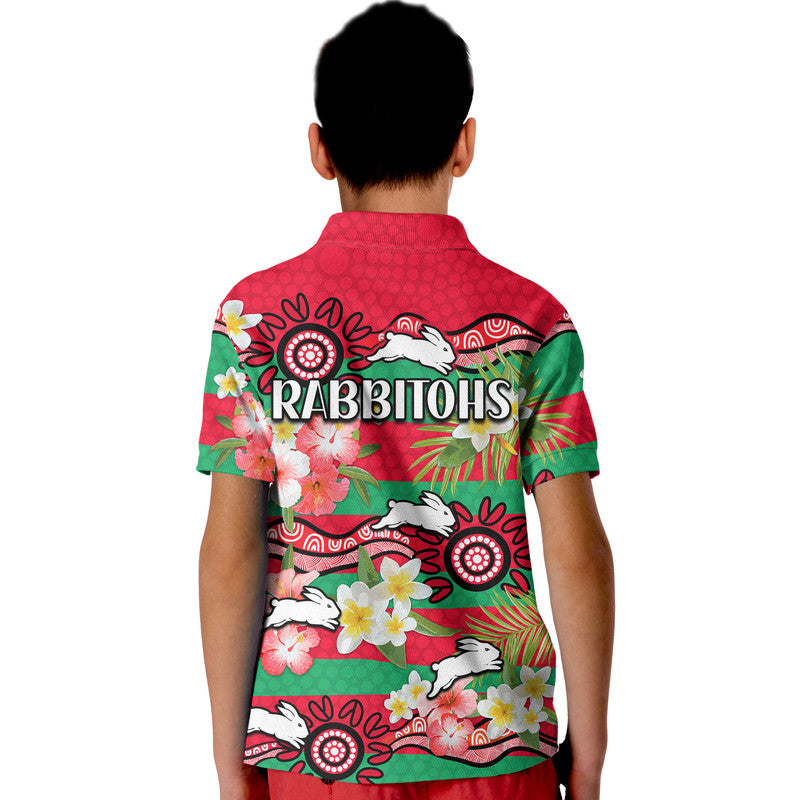 Rabbitohs Rugby Kid Polo Shirt Tropical Flowers And Palm Hawaiian Style - Vibe Hoodie Shop