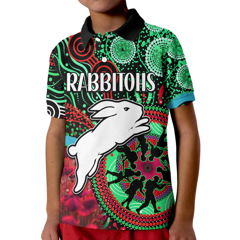 Rabbitohs Rugby ANZAC Polo Shirt Aboriginal Military and Poppy Flowers LT9 - Vibe Hoodie Shop