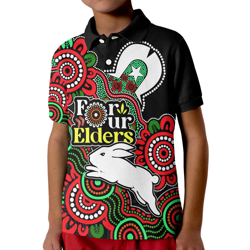 Rabbitohs Rugby Kid Polo Shirt NAIDOC Torres Strait For Our Elders - Vibe Hoodie Shop