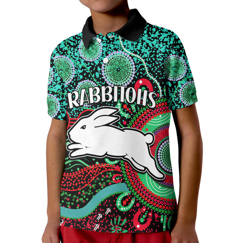 (Custom Personalised) Rabbitohs Rugby Kid Polo Shirt Aboriginal Dots - Vibe Hoodie Shop