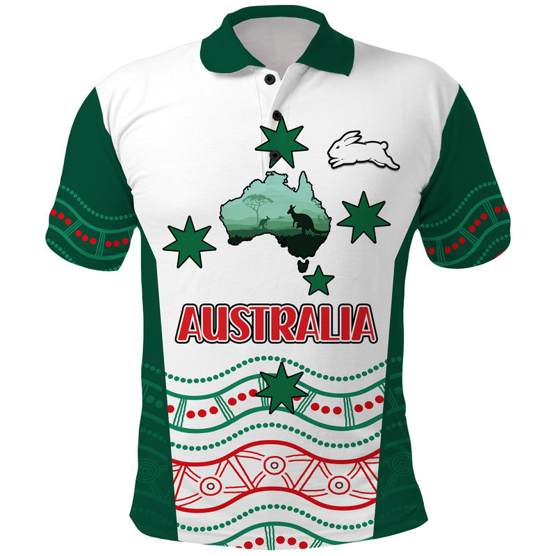 Rabbitohs Australia Day Polo Shirt Flag Map and Aboriginal Wave LT9 - Vibe Hoodie Shop