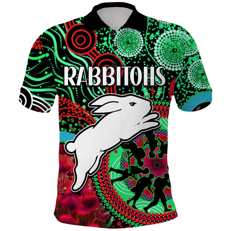 Rabbitohs Rugby ANZAC Polo Shirt Aboriginal Military and Poppy Flowers LT9 - Vibe Hoodie Shop