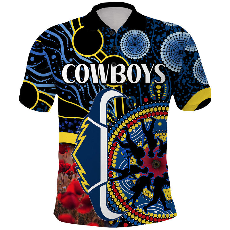 (Custom Personalised) Cowboys Rugby ANZAC Polo Shirt Aboriginal Military and Poppy Flowers LT9 - Vibe Hoodie Shop