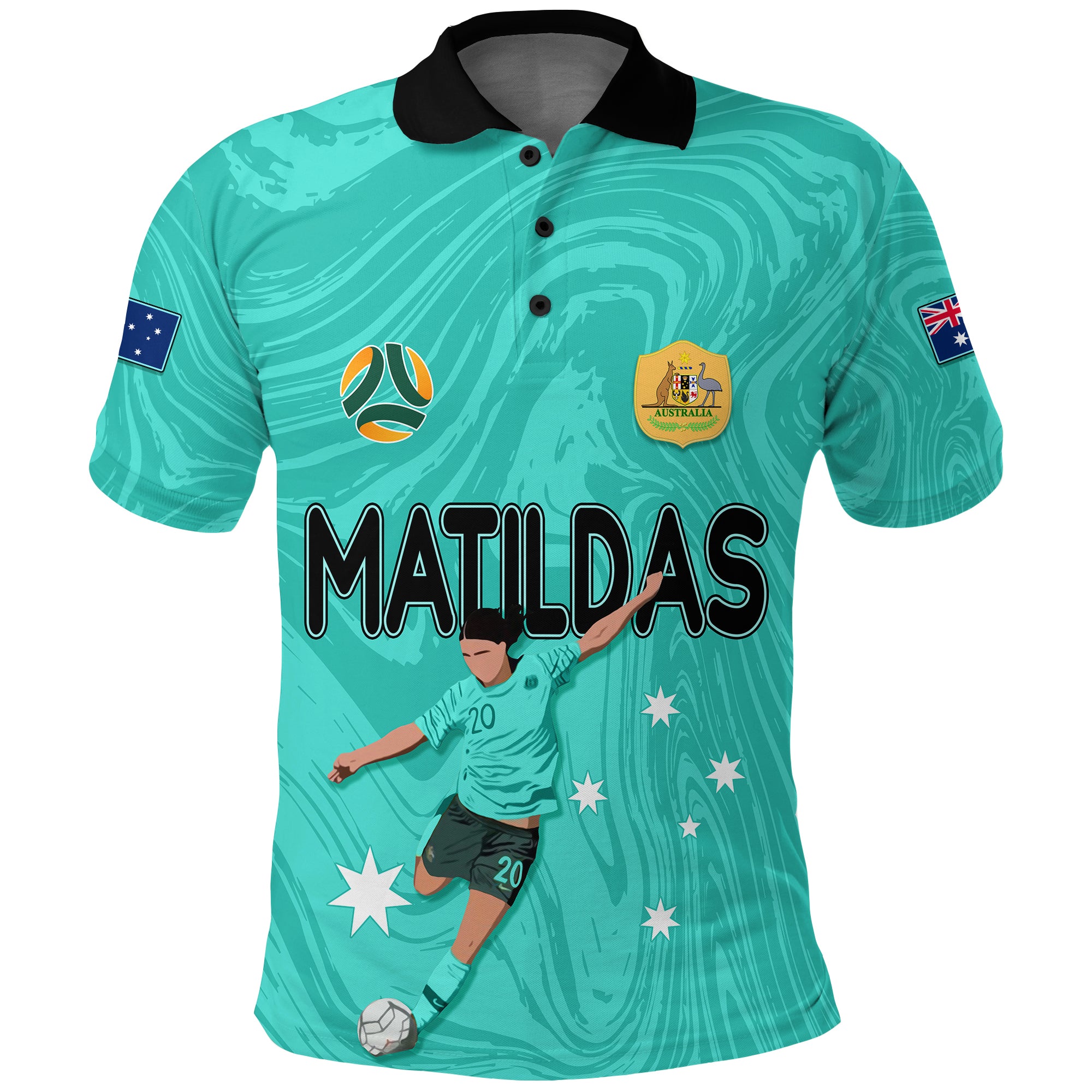 Personalised Aussie Matildas Polo Shirt 2023 Sam Kerr World Cup Marble Patterns - Turquoise - Vibe Hoodie Shop