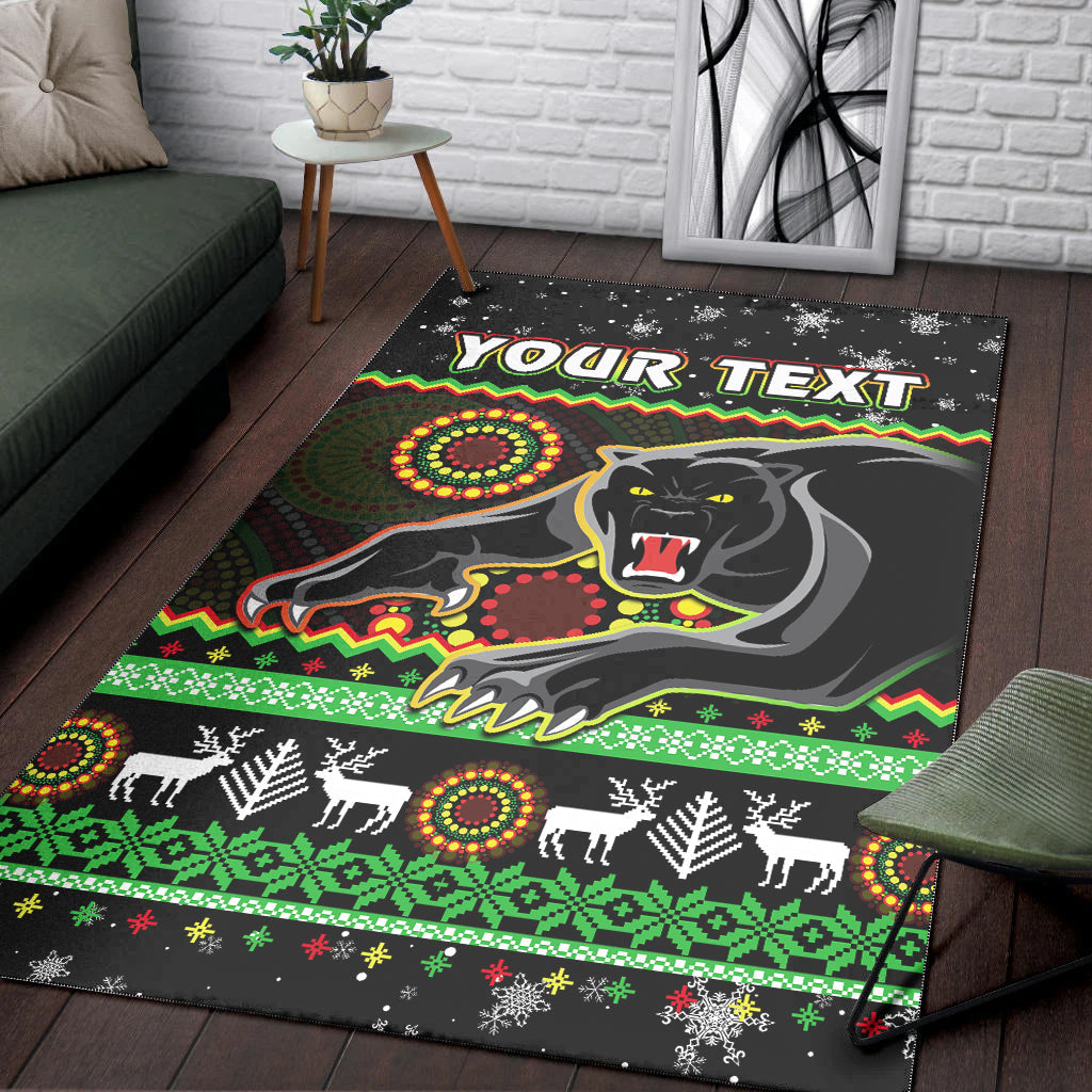 (Custom Personalised) Panthers Christmas Area Rug Aboriginal Pattern Penrith Black Version - Vibe Hoodie Shop