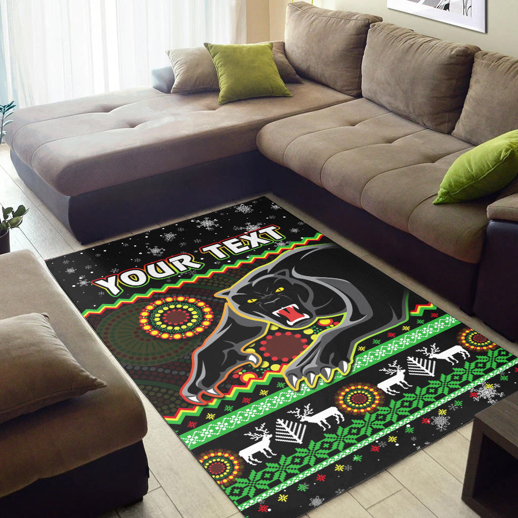 (Custom Personalised) Panthers Christmas Area Rug Aboriginal Pattern Penrith Black Version - Vibe Hoodie Shop