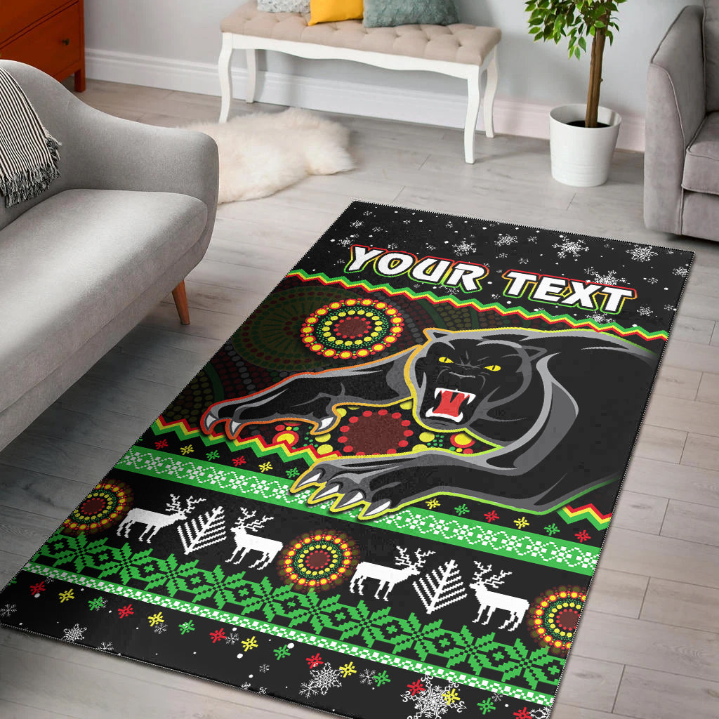 (Custom Personalised) Panthers Christmas Area Rug Aboriginal Pattern Penrith Black Version - Vibe Hoodie Shop