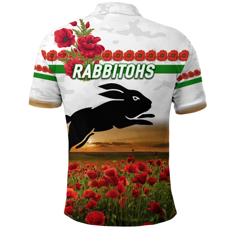 South Sydney Rabbitohs ANZAC 2022 Polo Shirt Poppy Flowers Vibes - White - Vibe Hoodie Shop