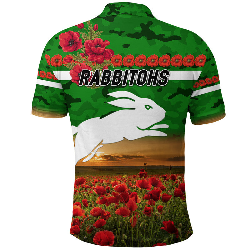 South Sydney Rabbitohs ANZAC 2022 Polo Shirt Poppy Flowers Vibes - Green - Vibe Hoodie Shop