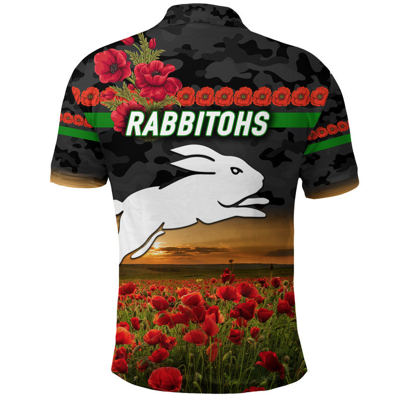 South Sydney Rabbitohs ANZAC 2022 Polo Shirt Poppy Flowers Vibes - Black - Vibe Hoodie Shop