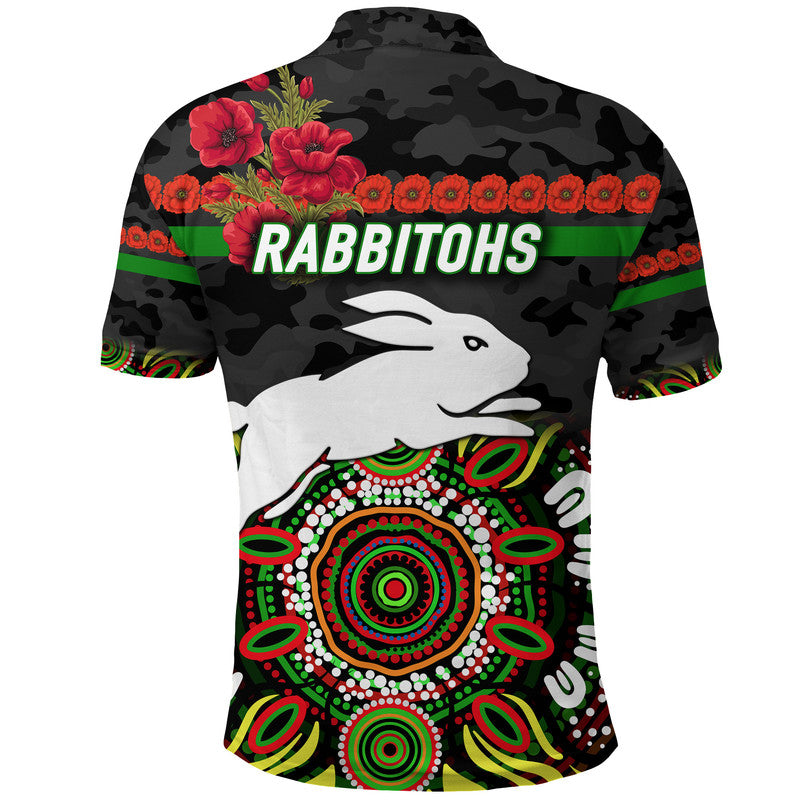 South Sydney Rabbitohs ANZAC 2022 Polo Shirt Indigenous Vibes - Black - Vibe Hoodie Shop