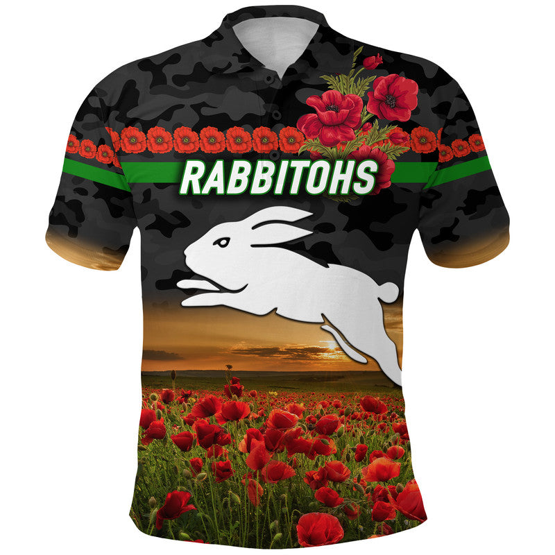 South Sydney Rabbitohs ANZAC 2022 Polo Shirt Poppy Flowers Vibes - Black - Vibe Hoodie Shop