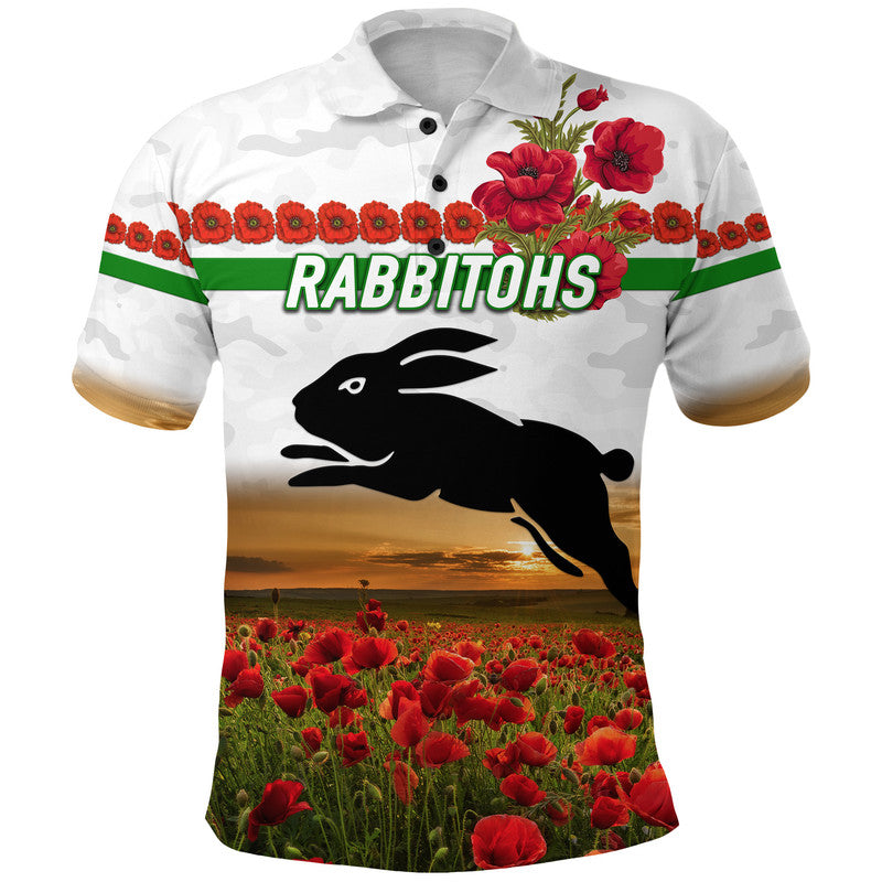 (Custom Personalised) South Sydney Rabbitohs ANZAC 2022 Polo Shirt Poppy Flowers Vibes - White - Vibe Hoodie Shop