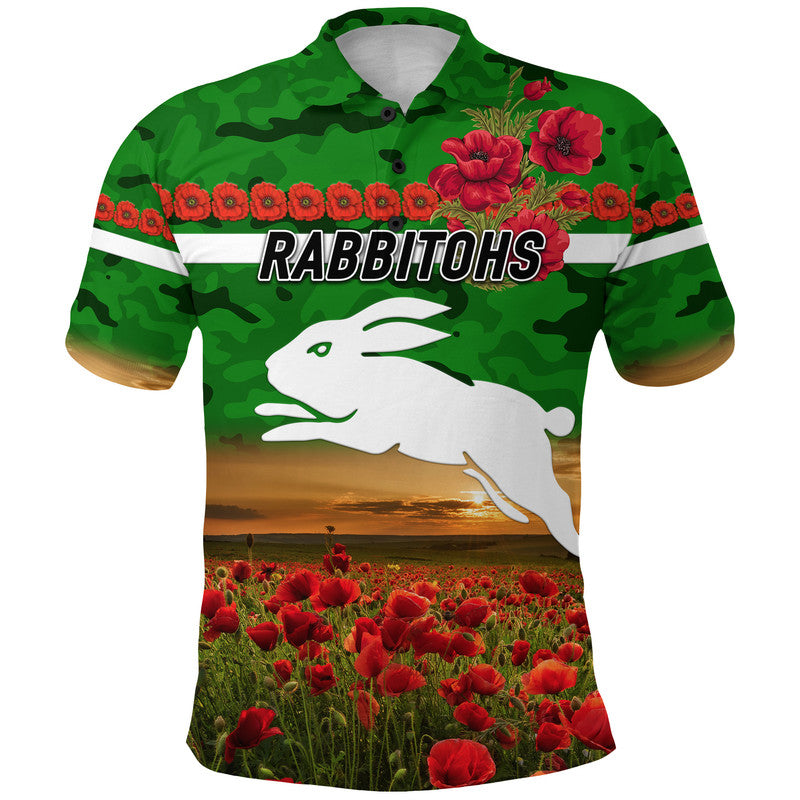 South Sydney Rabbitohs ANZAC 2022 Polo Shirt Poppy Flowers Vibes - Green - Vibe Hoodie Shop