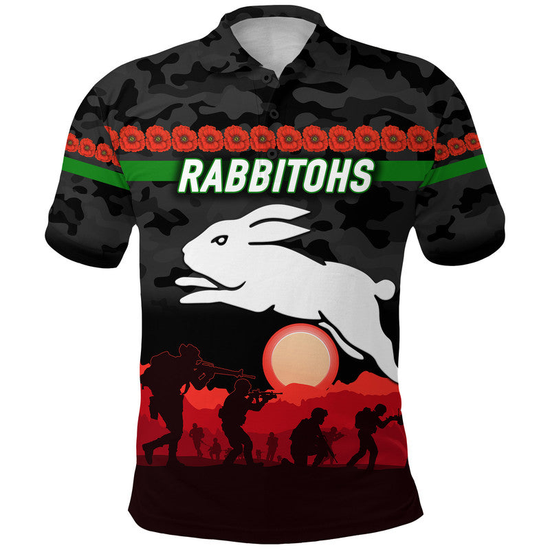 (Custom Personalised) South Sydney Rabbitohs ANZAC 2022 Polo Shirt Simple Style - Black - Vibe Hoodie Shop