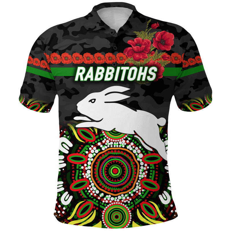 (Custom Personalised) South Sydney Rabbitohs ANZAC 2022 Polo Shirt Indigenous Vibes - Black - Vibe Hoodie Shop