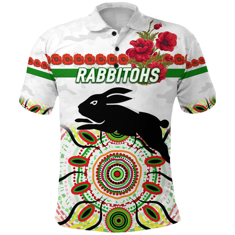 South Sydney Rabbitohs ANZAC 2022 Polo Shirt Indigenous Vibes - White - Vibe Hoodie Shop