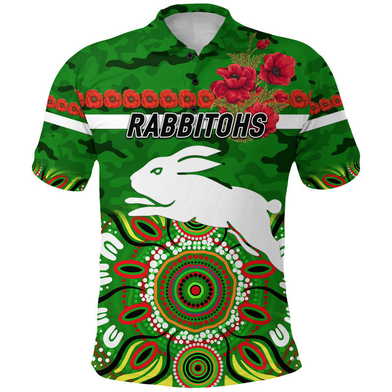 South Sydney Rabbitohs ANZAC 2022 Polo Shirt Indigenous Vibes - Green - Vibe Hoodie Shop