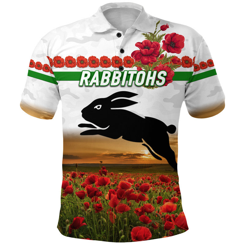 South Sydney Rabbitohs ANZAC 2022 Polo Shirt Poppy Flowers Vibes - White - Vibe Hoodie Shop