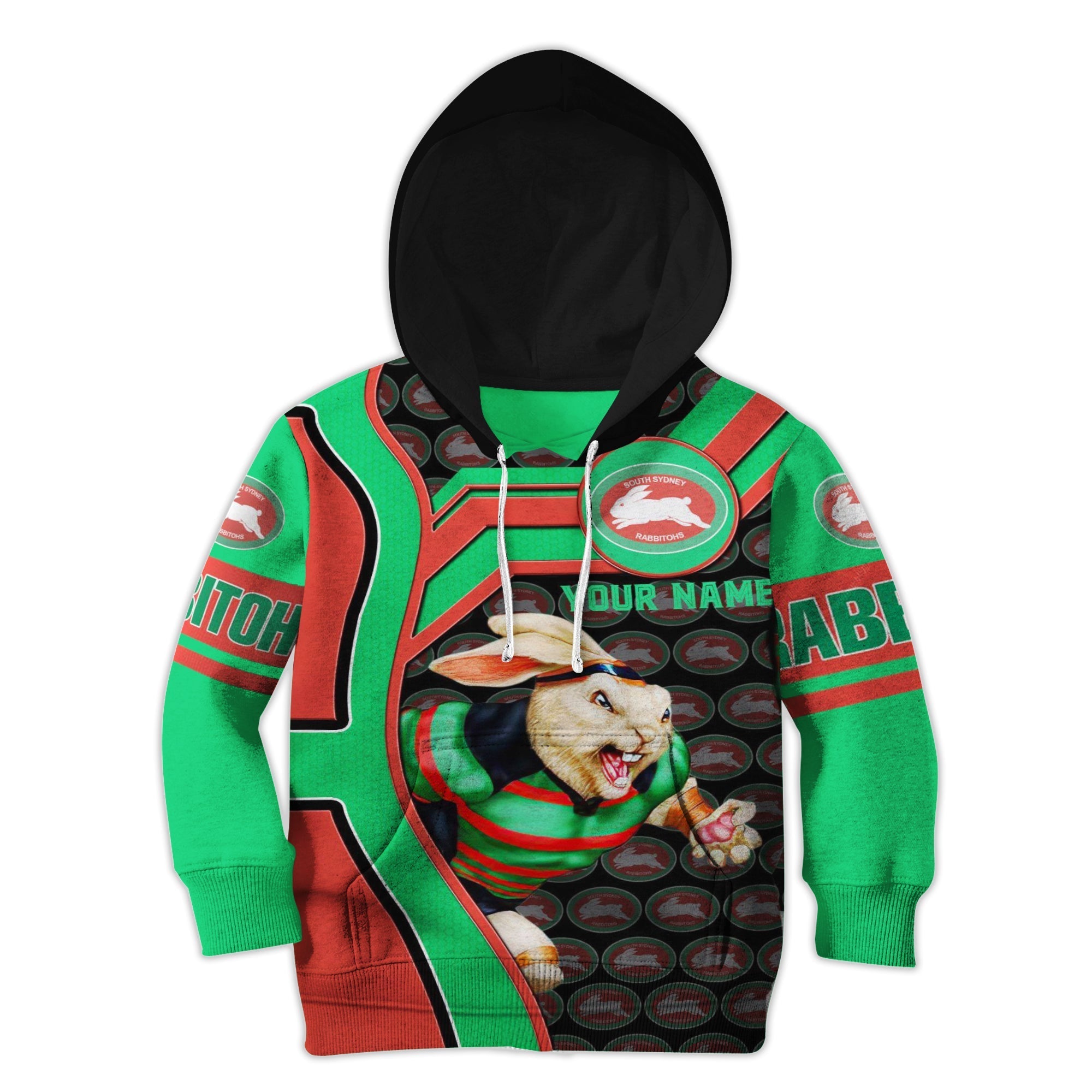 South Sydney Rabbitohs 3D NRL Mascot Personalized Hoodie KID 03 RLT7 - Vibe Hoodie Shop