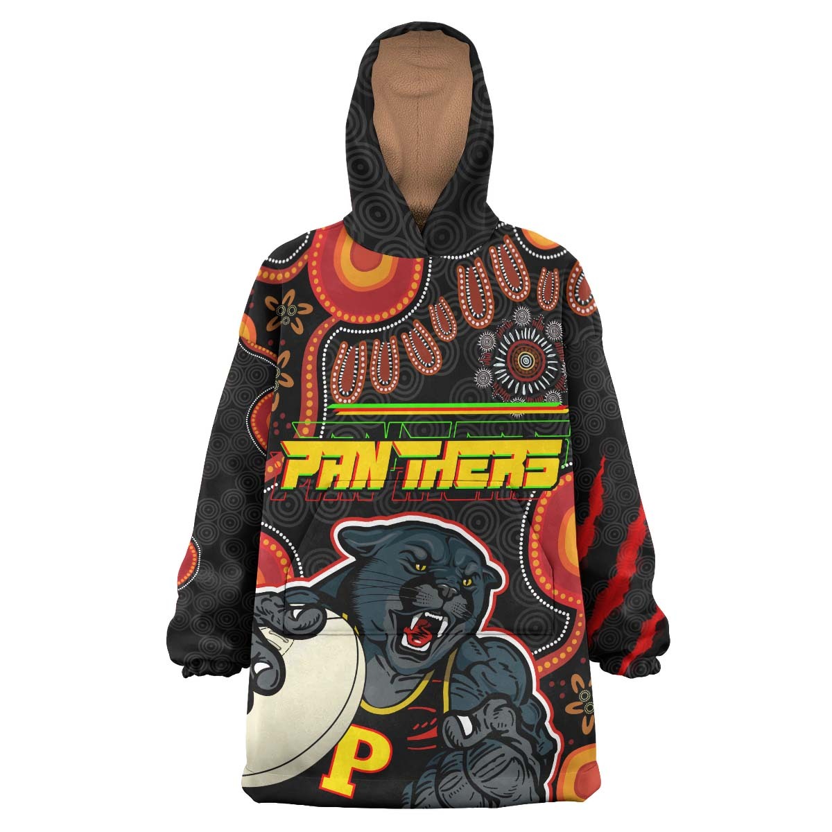 Panthers Rugby Snug Hoodie - Custom Penrith Panthers Aboriginal with Rugby Ball Indigenous Style of Dot Painting Traditional Wearable Blanket Hoodie RLT14 - Vibe Hoodie Shop