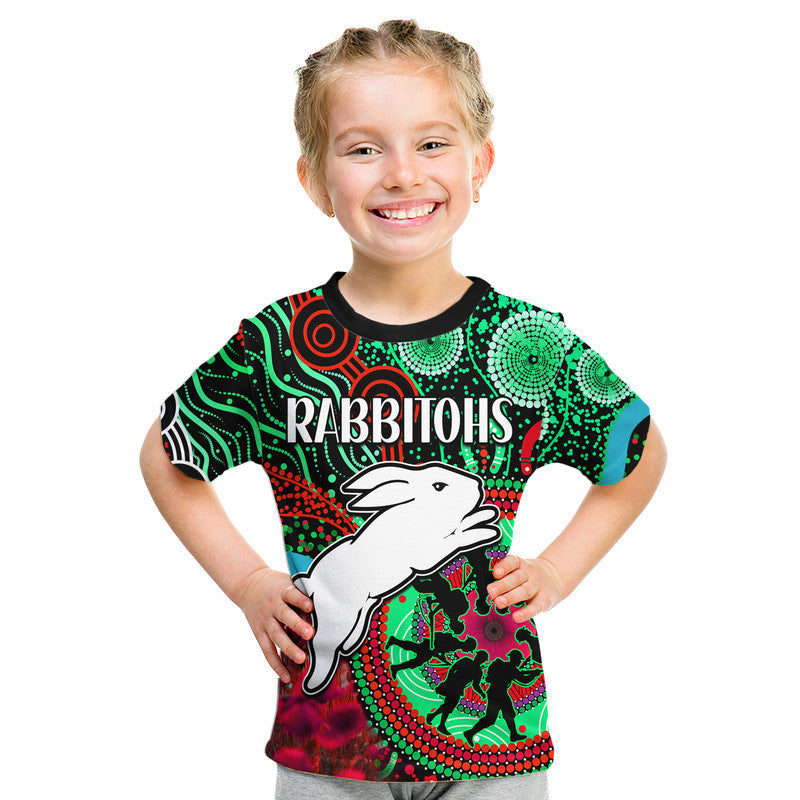 Rabbitohs Rugby ANZAC Kid T Shirt Aboriginal Military and Poppy Flowers - Vibe Hoodie Shop