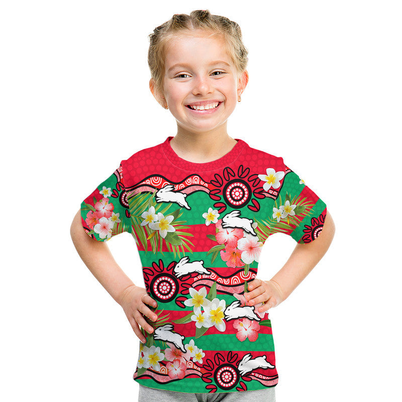 (Custom Personalised) Rabbitohs Rugby Kid T Shirt Tropical Flowers And Palm Hawaiian Style - Vibe Hoodie Shop