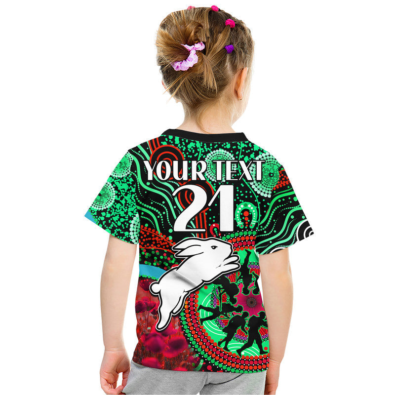 (Custom Personalised) Rabbitohs Rugby ANZAC Kid T Shirt Aboriginal Military and Poppy Flowers - Vibe Hoodie Shop