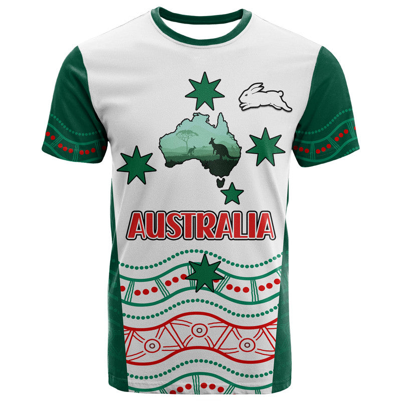 Rabbitohs Australia Day T Shirt Flag Map and Aboriginal Wave LT9 - Vibe Hoodie Shop