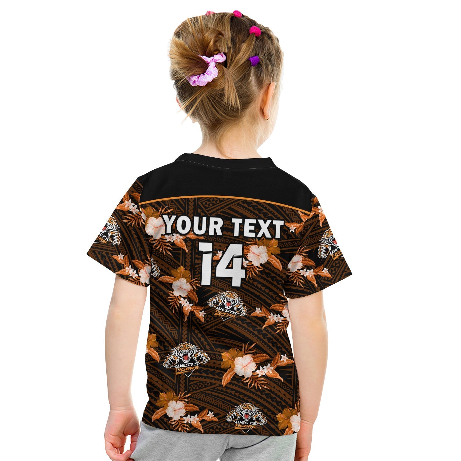 (Custom Text And Number) Wests Tigers Rugby Kid T Shirt Polynesian Tribal Mix Tropical Hawaiian Style LT14