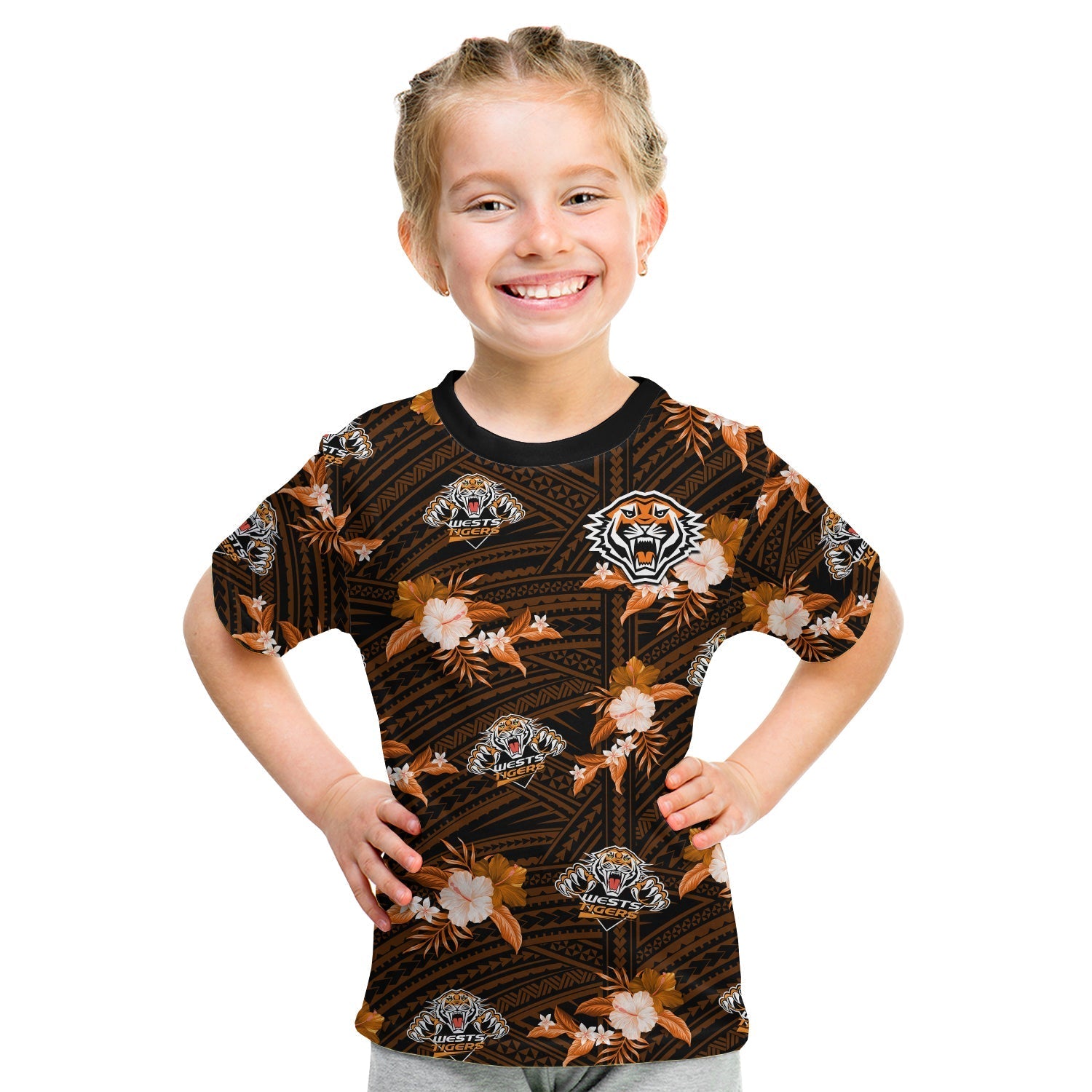 (Custom Text And Number) Wests Tigers Rugby Kid T Shirt Polynesian Tribal Mix Tropical Hawaiian Style LT14