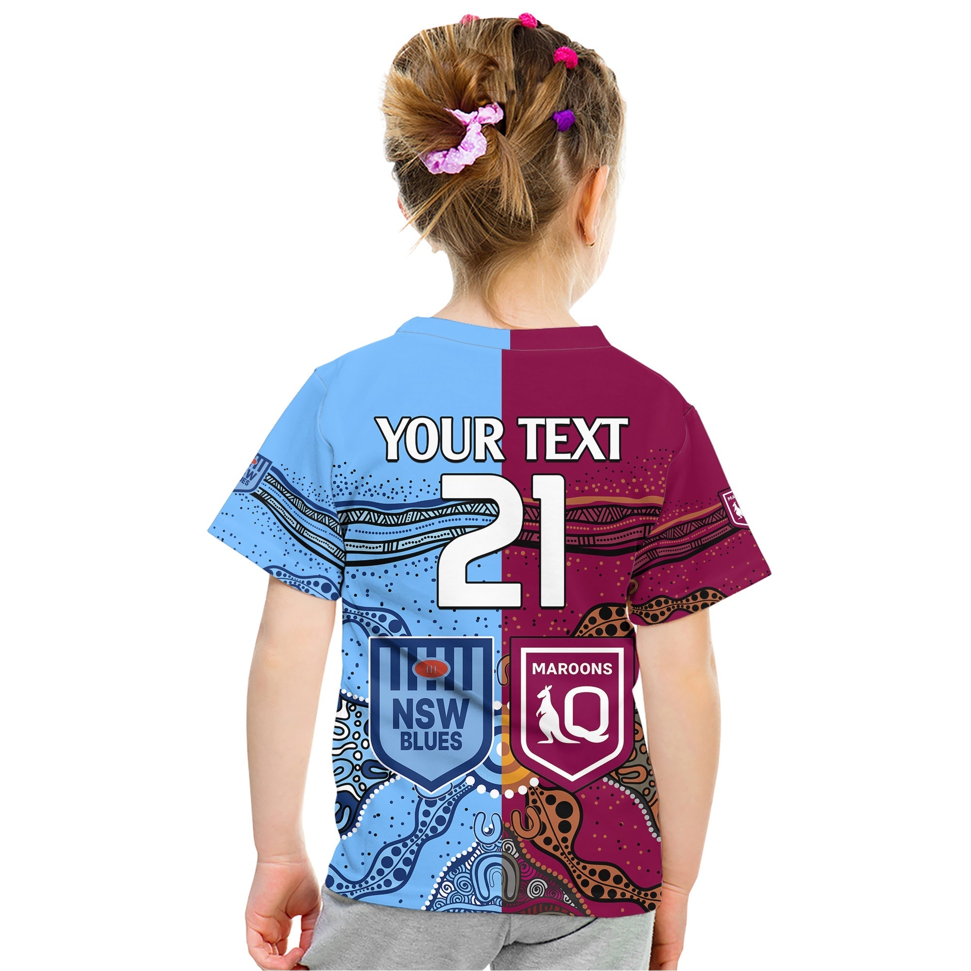 (Custom Text And Number) Blues and Maroons Rugby Kid T Shirt State of Origin NSW Combine Queensland Aboriginal 2023 - Vibe Hoodie Shop