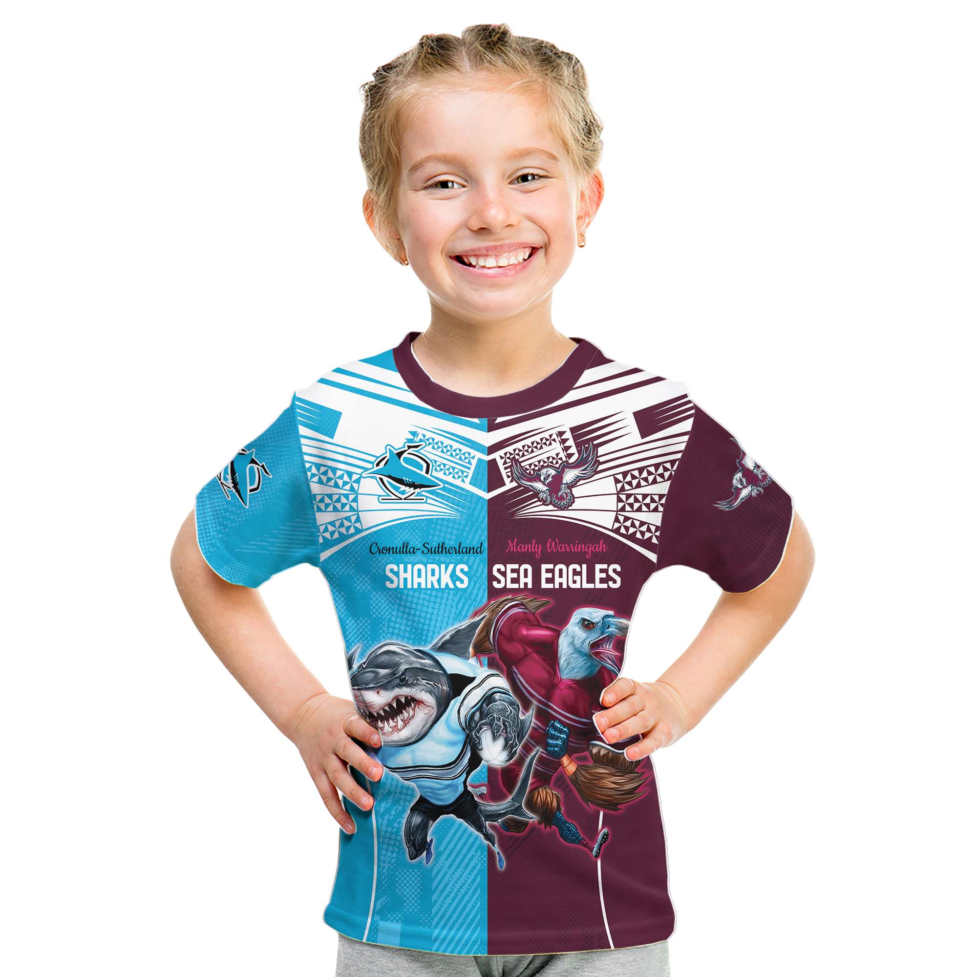 Half Manly Sea Eagles and Sharks Kid T Shirt - Vibe Hoodie Shop