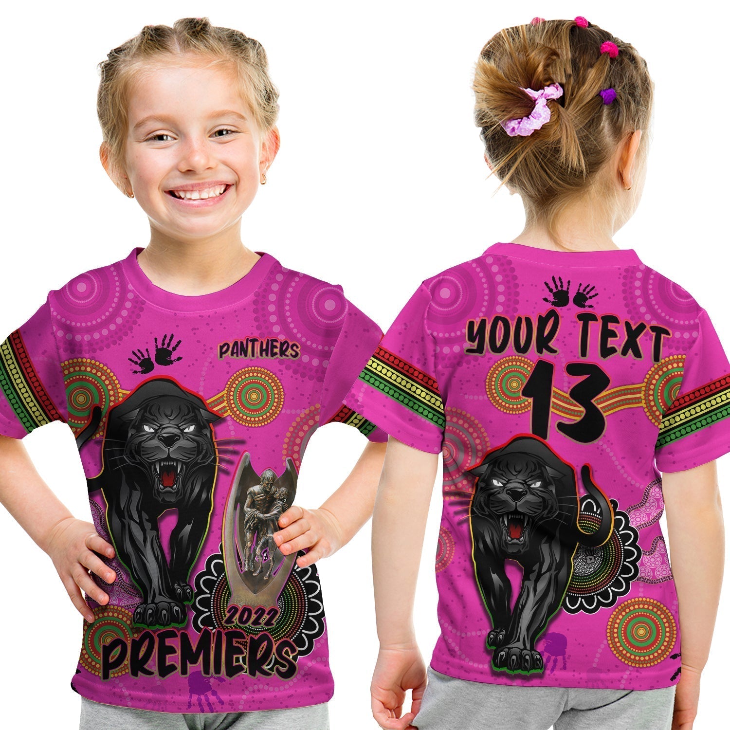 (Custom Text and Number) Panthers T Shirt KID Aboriginal Premiers 2022 We Are The Champions With Trophy - Vibe Hoodie Shop