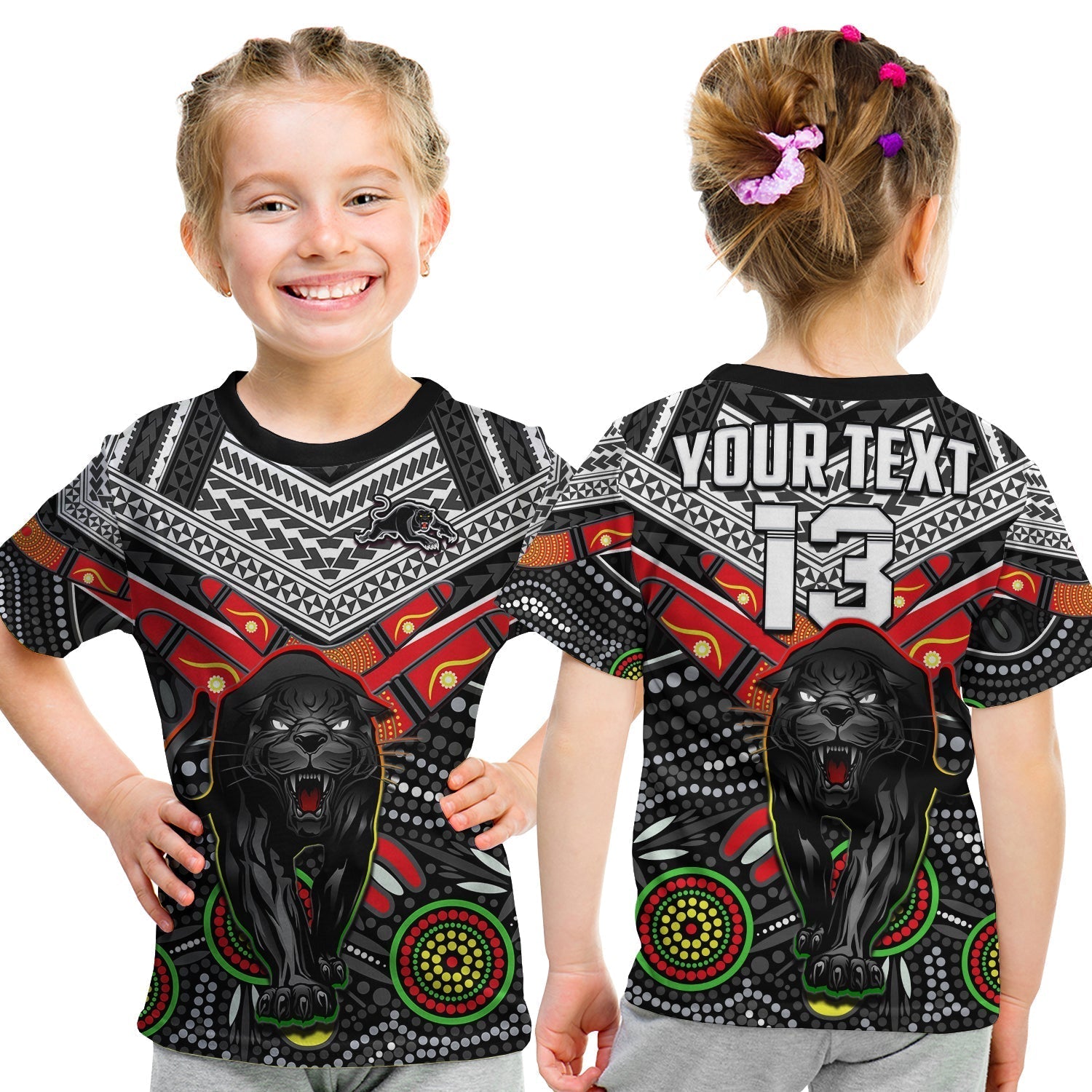 (Custom Text and Number) Panthers Rugby T Shirt KID Aboriginal and Polynesia Penrith The Riff - Vibe Hoodie Shop
