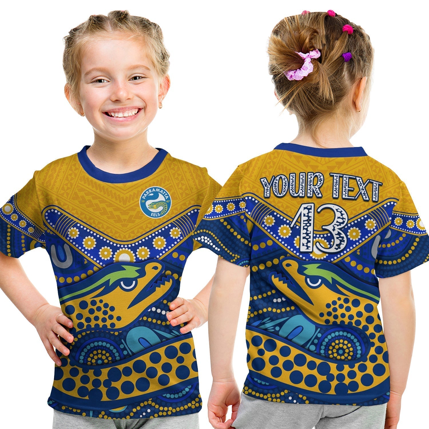 (Custom Text and Number) Eels Rugby T Shirt KID Aboriginal and Polynesia Parramatta - Vibe Hoodie Shop