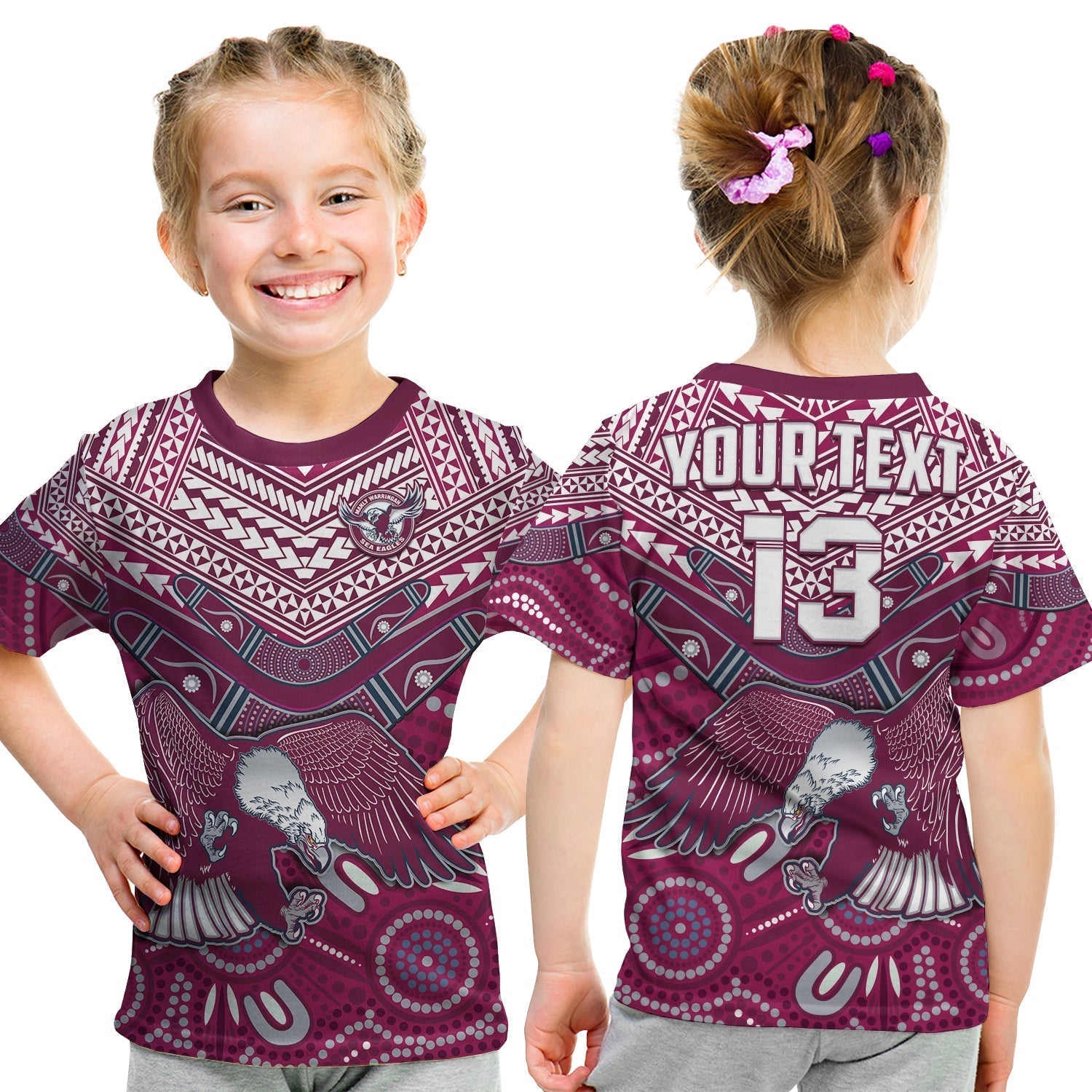 (Custom Text and Number) Sea Eagles Rugby T Shirt KID Aboriginal and Polynesia Manly Warringah - Vibe Hoodie Shop