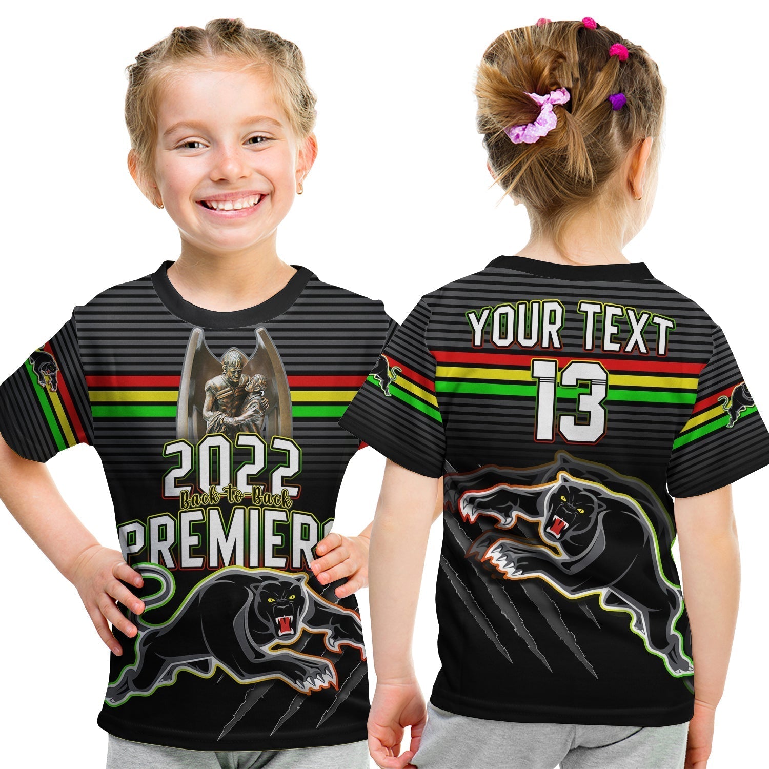 Custom Text and Number Panthers Proud T Shirt KID Back to Back Premiers 2022 Version Black - Vibe Hoodie Shop