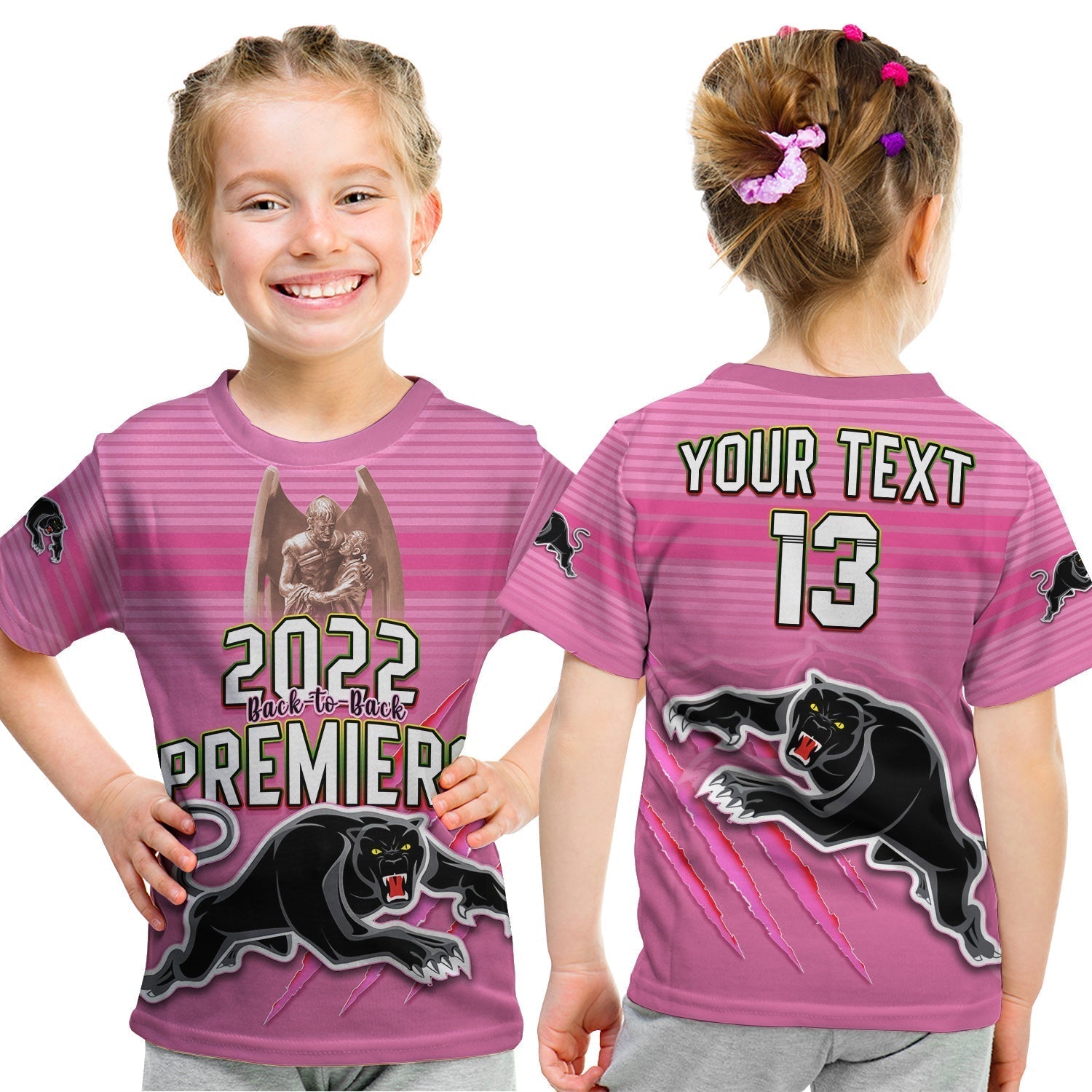 Custom Text and Number Panthers Proud T Shirt KID Back to Back Premiers 2022 Version Pink - Vibe Hoodie Shop