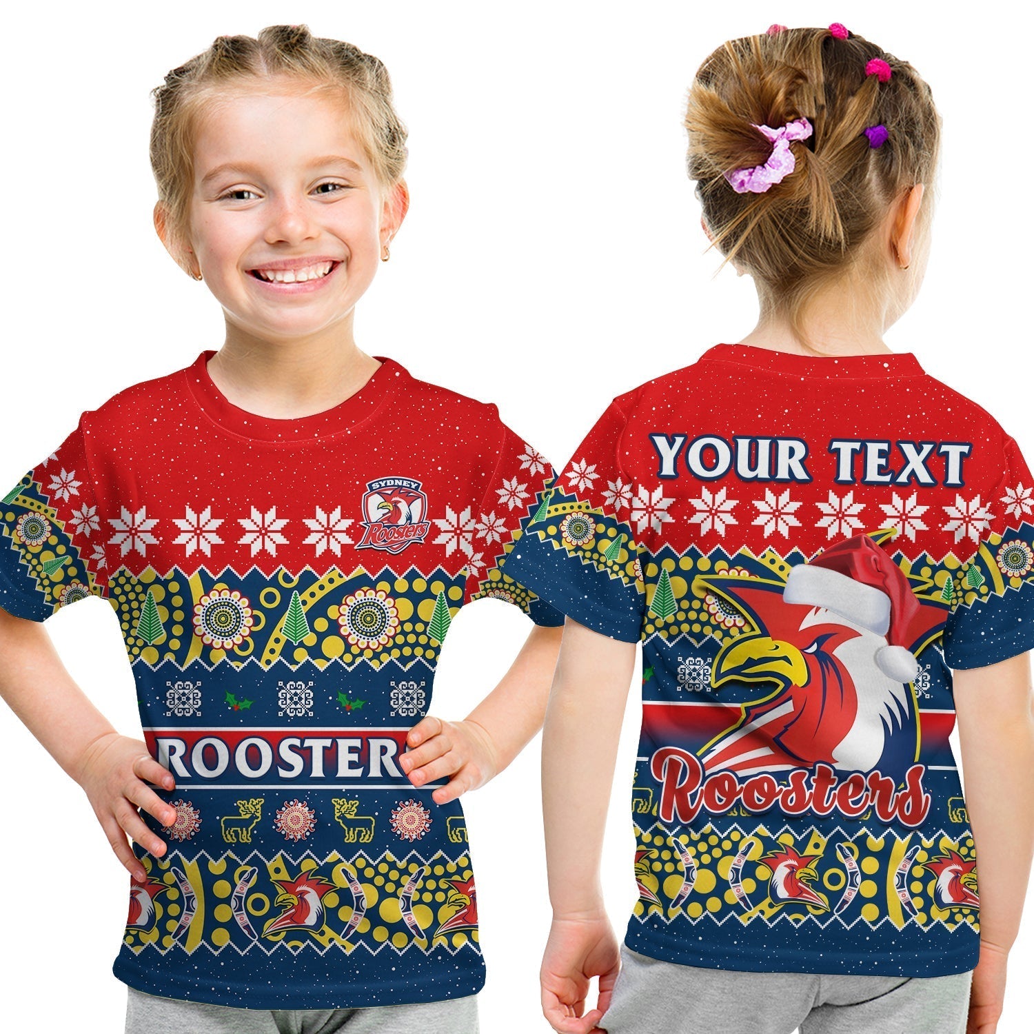 custom-personalised-sydney-roosters-christmas-t-shirt-kid-easts-aboriginal-art-merry-xmas