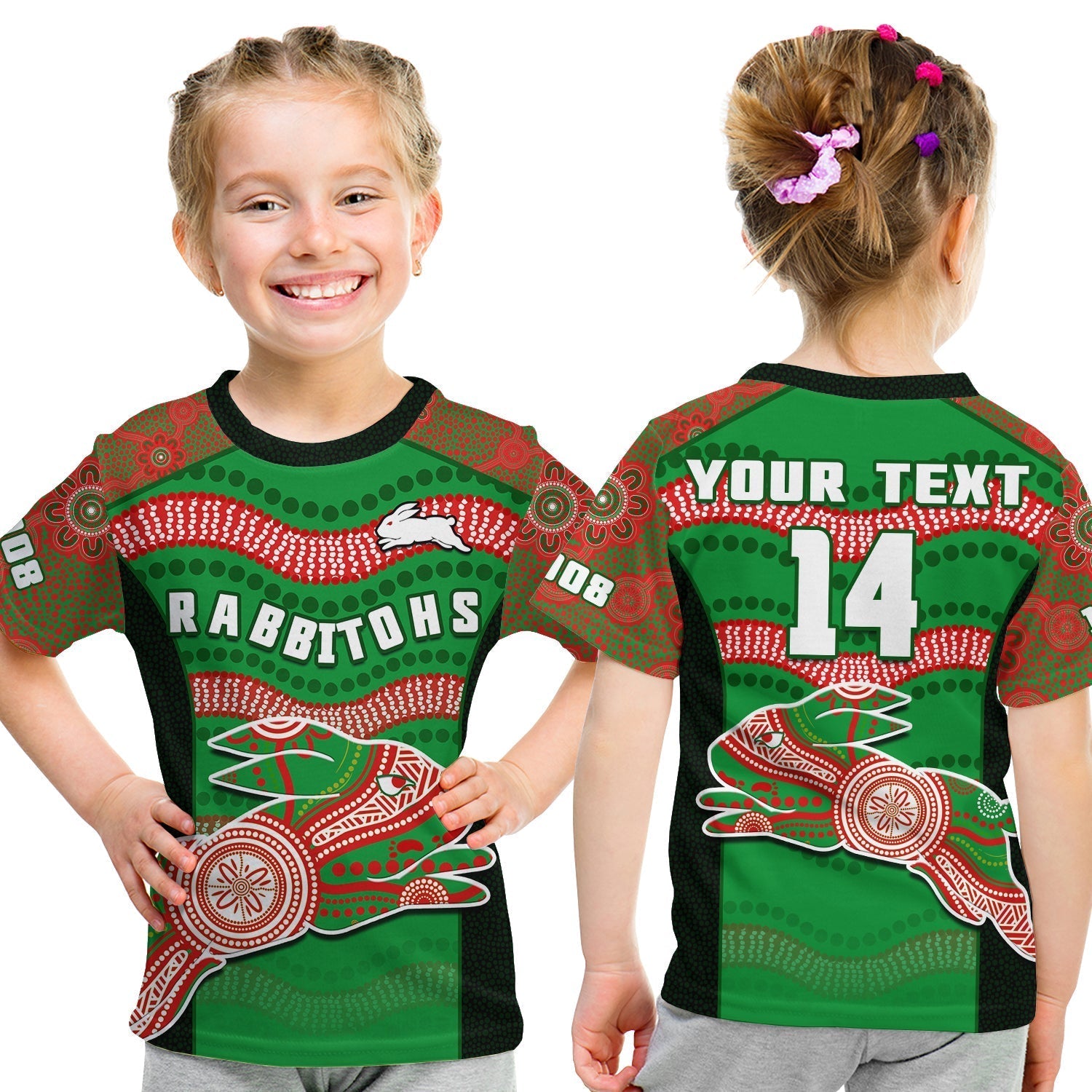 (Custom Text And Number) Rabbitohs Rugby T Shirt KID Souths 1908 Aboriginal Dot Painting Go Bunnies - Vibe Hoodie Shop