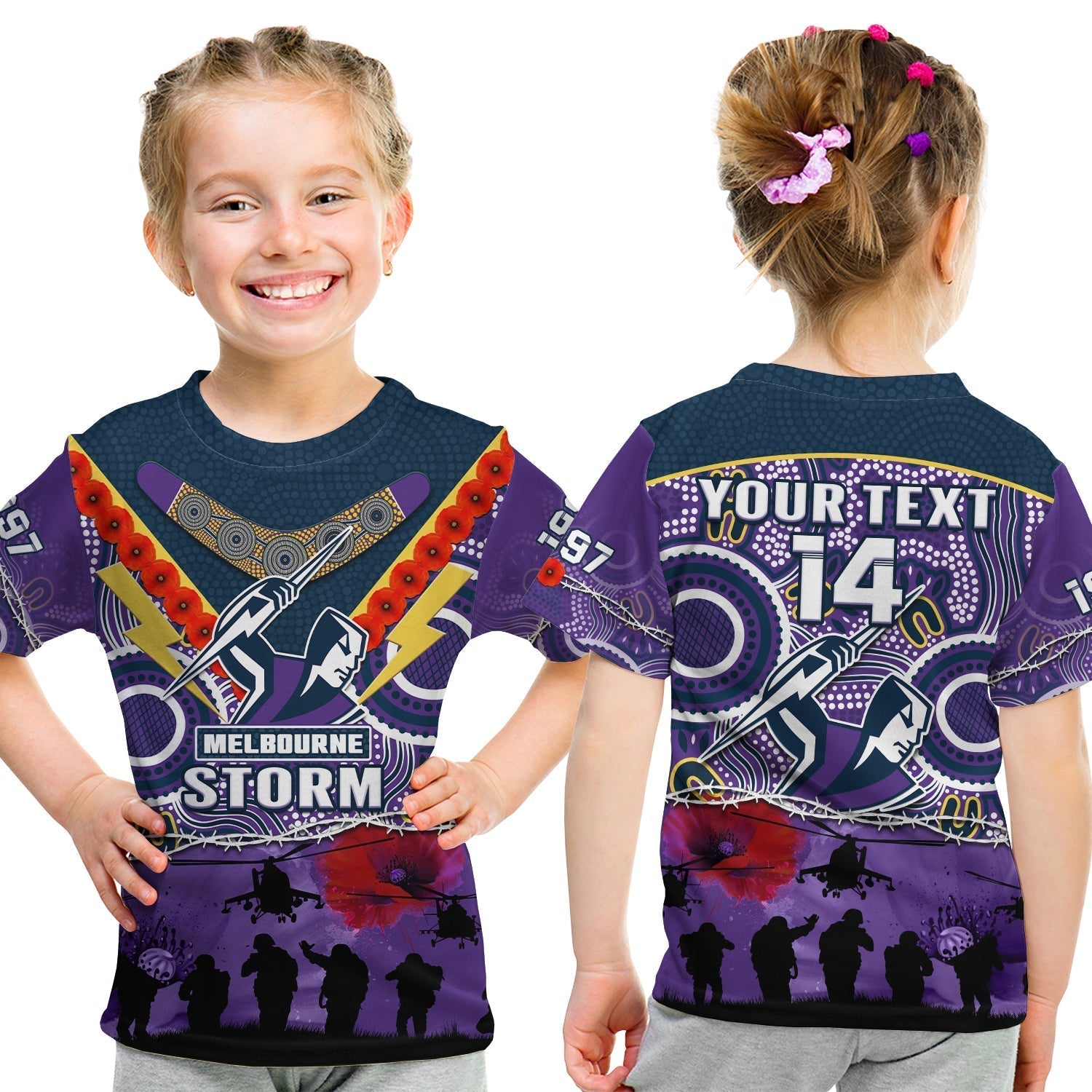 custom-text-and-number-melbourne-storm-rugby-anzac-t-shirt-kid-indigenous-poppy-australian-army