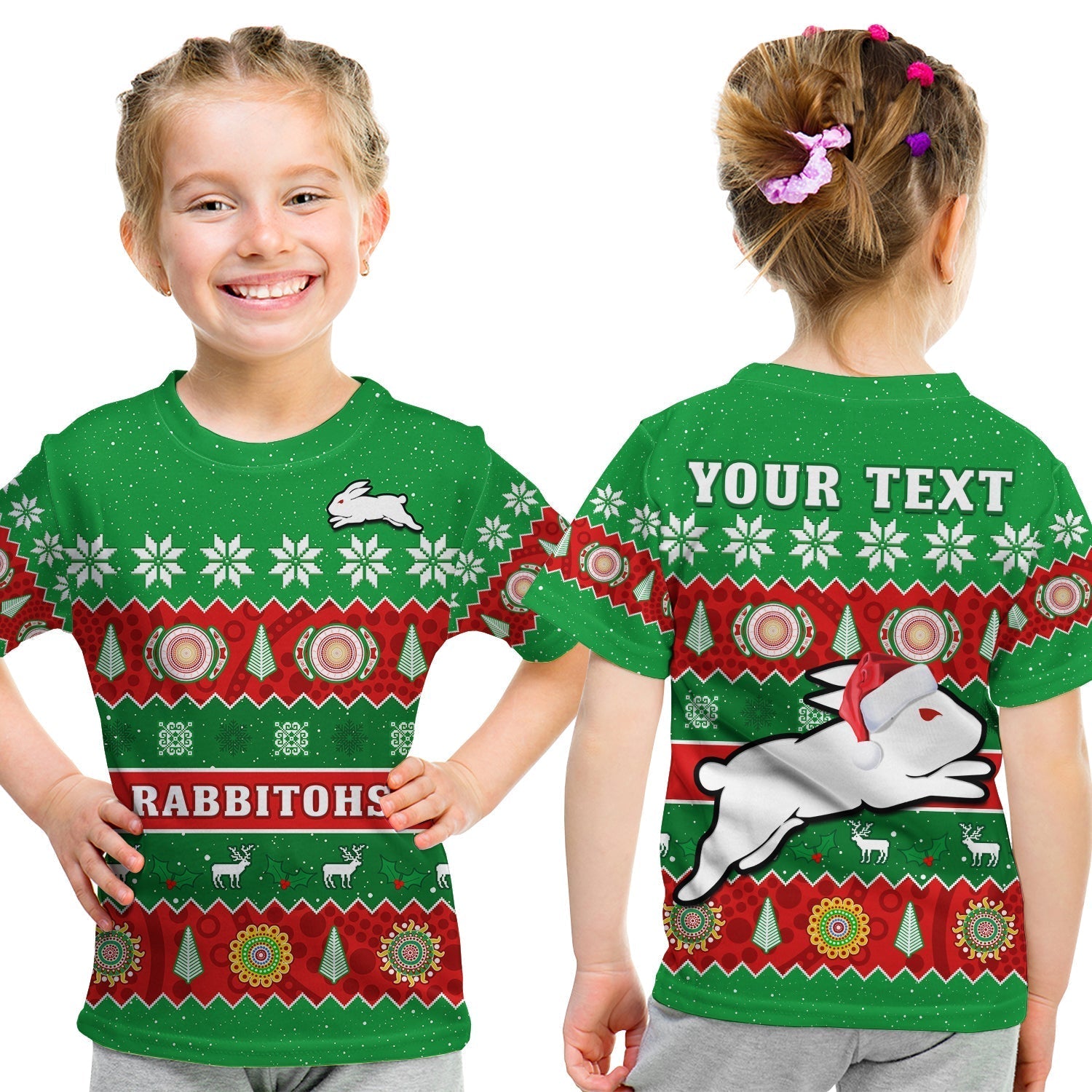 (Custom Personalised) Rabbitohs Christmas T Shirt KID Souths Aboriginal Art Merry Xmas - Vibe Hoodie Shop
