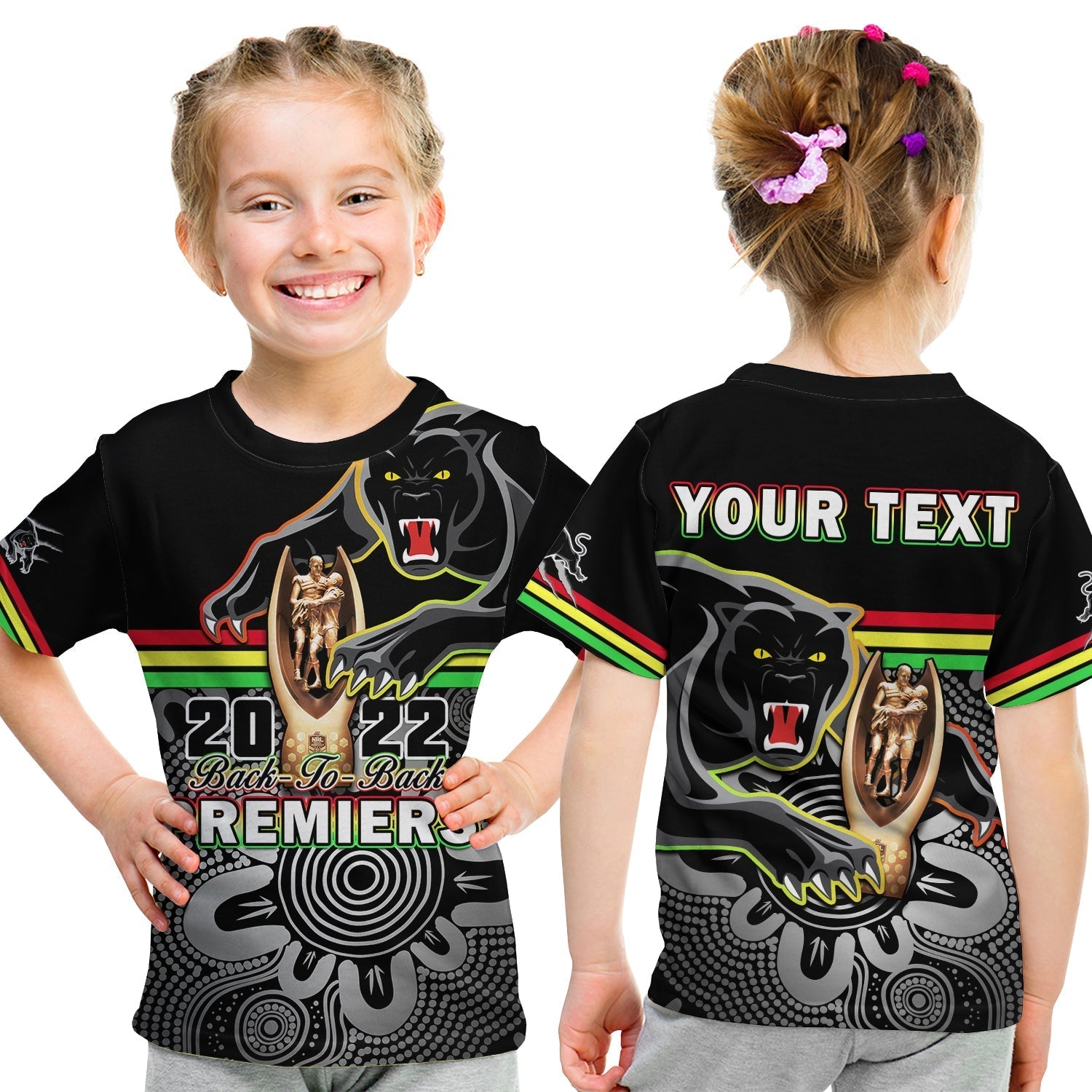 Custom Personalised Panthers Rugby T Shirt KID Pennies Premiers 2022 Back To Back Indigenous Original - Vibe Hoodie Shop