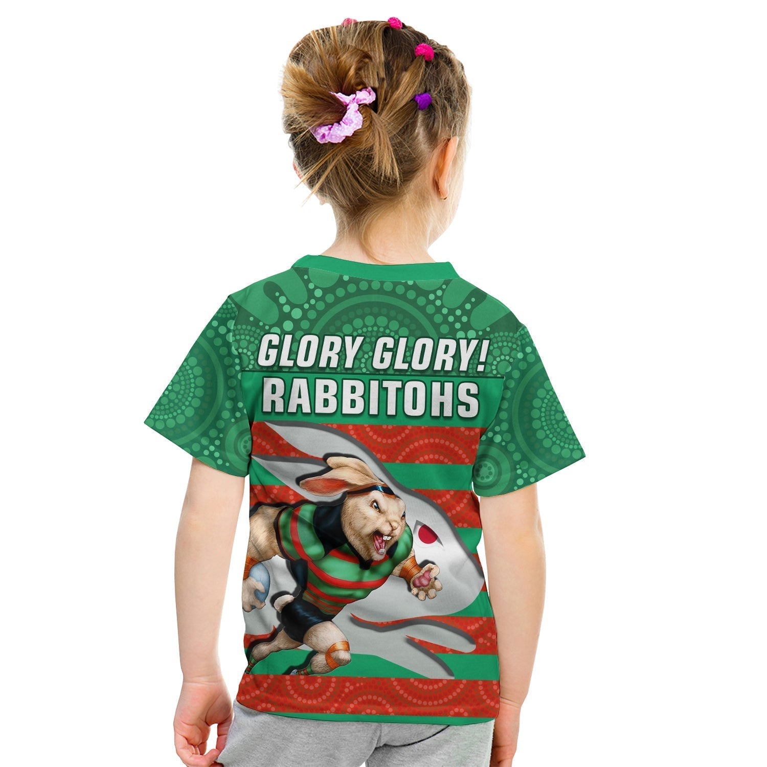 Rabbitohs Rugby T Shirt KID Aboriginal Dot Painting Glory Glory Sporty Style - Vibe Hoodie Shop