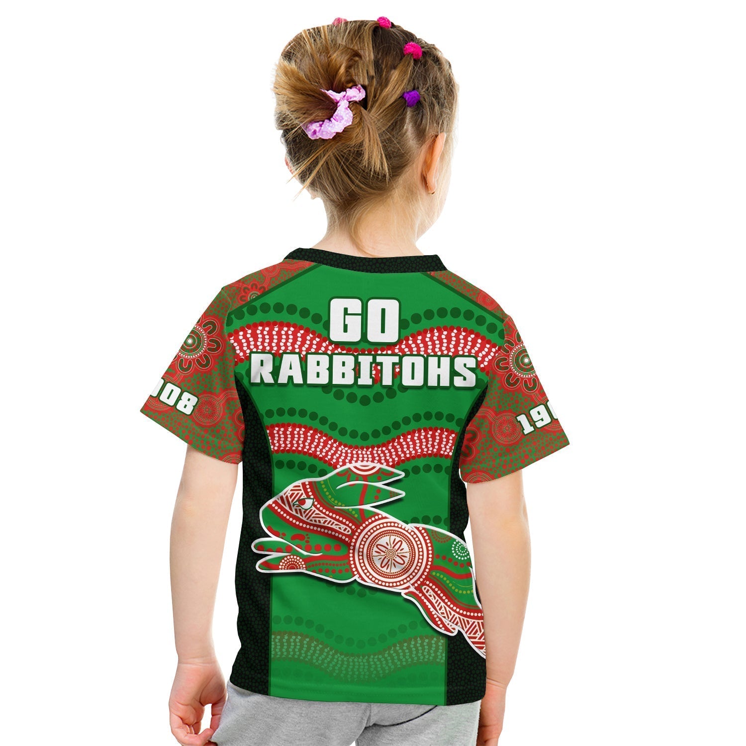 Rabbitohs Rugby T Shirt KID Souths 1908 Aboriginal Dot Painting Go Bunnies - Vibe Hoodie Shop