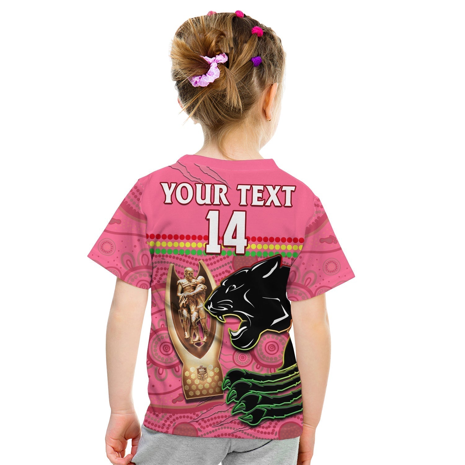 (Custom Text And Number) Panthers Rugby T Shirt KID The Riff 2022 Premiers Aboriginal Pink - Vibe Hoodie Shop