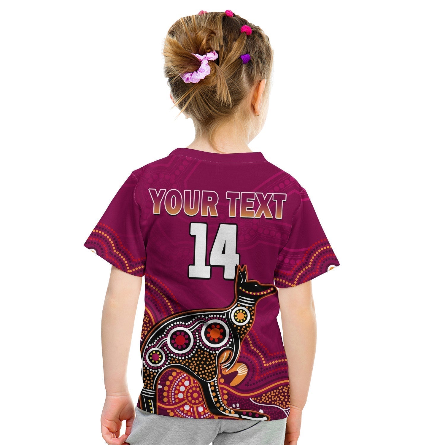 (Custom Text And Number) Maroons Rugby T shirt KID Queensland Kangaroo Aboriginal Dot Paintings - Vibe Hoodie Shop