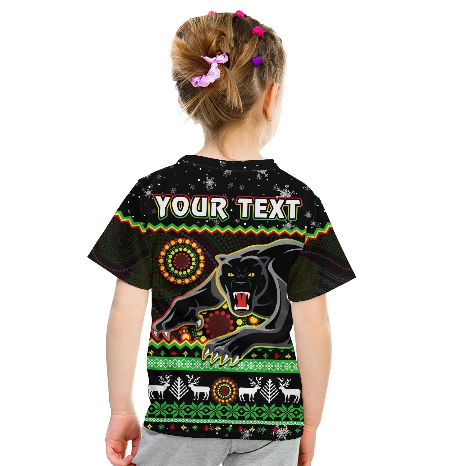 (Custom Personalised) Panthers Christmas T Shirt KID Aboriginal Pattern Penrith Black Version - Vibe Hoodie Shop